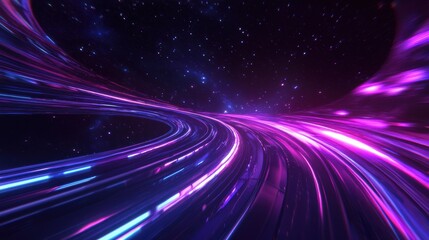 Abstract digital highway with vibrant pink and blue lights streaming through a cosmic space filled with stars and an ethereal glow in the universe