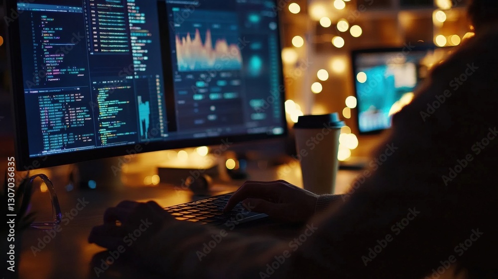 Aufkleber software developer working late in a cozy office, illuminated by glowing screens filled with code an
