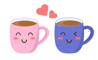  Pink and blue coffee mugs. Kawaii style. Isolated on white background. Vector illustration.