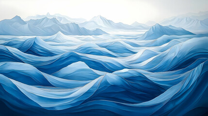 Serene ocean waves under majestic mountains; digital art for home decor