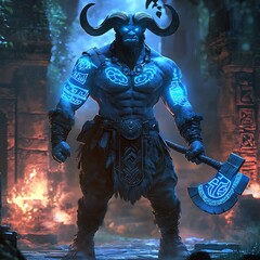 A powerful minotaur warrior with glowing tribal tattoos
