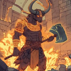 A powerful minotaur warrior with glowing tribal tattoos