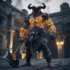 A powerful minotaur warrior with glowing tribal tattoos