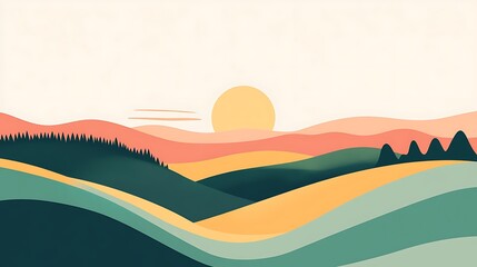 Obraz premium A stylized landscape depicts rolling hills and a setting sun