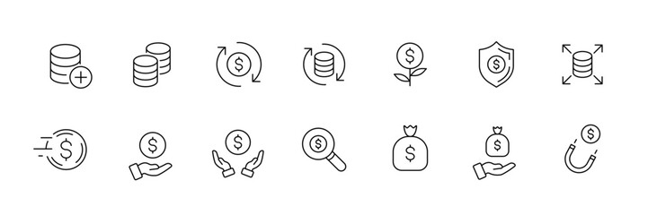 Vector icons set: economy, finance, business, growth, exchange.