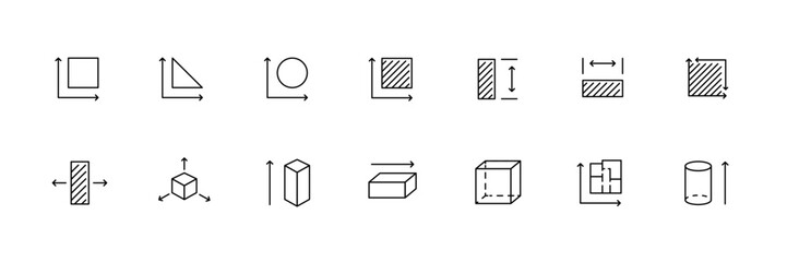 Vector icons of geometric shapes and dimensions.