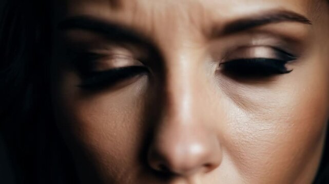 Slight handheld, harsh, direct light, a woman with wide expressive eyes opens them, looks intently, extreme close-up video, slight shake adds rawness, highlighting directness of her gaze