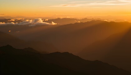 Fototapeta premium Golden Hour Over Mountain Ranges with Sun Rays and Cloudy Skies
