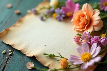 Close-up of delicate flowers layered on rustic paper, ideal for crafting or stationery, paper, flowers, delicate