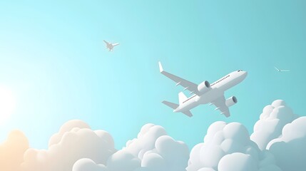 Fototapeta premium Airplane Flying Above Clouds on a Clear Blue Sky Background