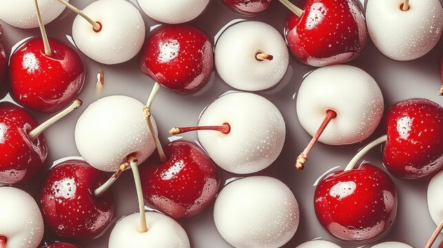 A vibrant pattern of glossy red and white cherries, creating a visually striking contrast in a close-up view