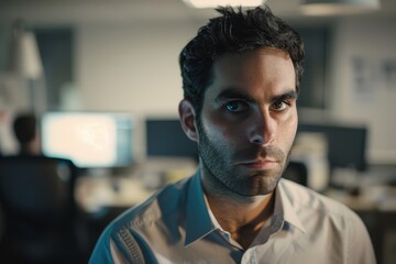 Serious man in office setting with focused expression and soft lighting