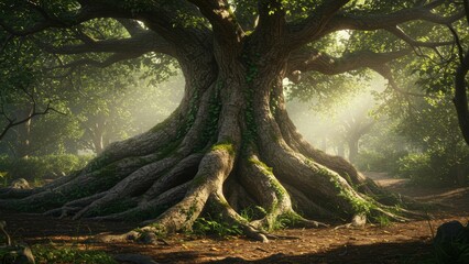 Fototapeta premium Majestic tree in lush forest, bathed in sunlight, represents tranquility and natural beauty in serene environments