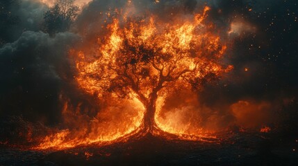 A fiery tree stands amidst flames, symbolizing destruction and chaos as the landscape is engulfed in intense fire and smoke.