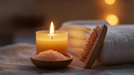 A lit candle with spa accessories on a folded towel