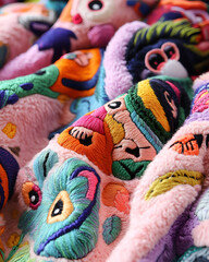 Soft plush fabric with colorful embroidery animals
