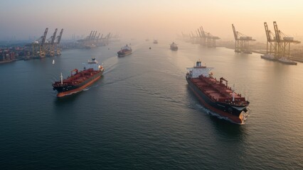 Fototapeta premium Aerial view of ships navigating through harbor at sunrise, highlighting maritime trade and logistics