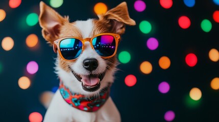 Fototapeta premium Adorable dog wearing flashy sunglasses and a colorful bandana dancing on a glittering disco floor, neon lights reflecting an array of colors all around