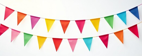 Obraz premium Colorful collection of party flags hanging on strings against white background, festive, streamers