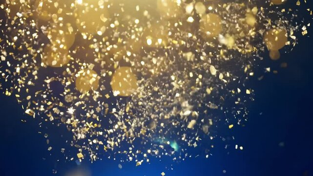 Warm, intimate lighting, slow zoom video, delicate shower of white and gold confetti, blurred blue background, sophisticated romantic mood