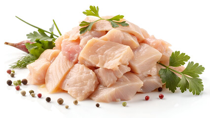 A heap of freshly pulled chicken meat, tender and juicy, isolated on a clean white background for a natural presentation.