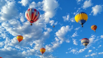 Colorful hot air balloons flying against clouds and sky