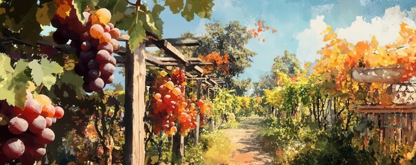 Scenic Vineyard Landscape with Grapevines and Colorful Foliage