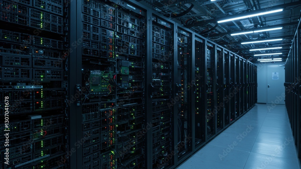 Poster dark server room filled with rows of blinking servers and illuminated cables showcasing advanced tec