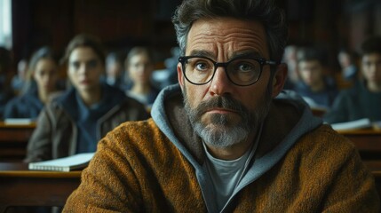 Fototapeta premium A contemplative man in glasses sits in a classroom, surrounded by students, reflecting a moment of deep thought and engagement.