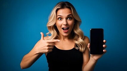 Woman pointing at her smartphone with surprised and excited face expression