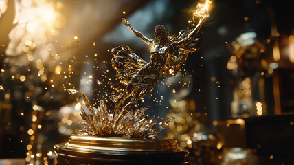 stunning trophy featuring human figure in motion, surrounded by sparkling effects
