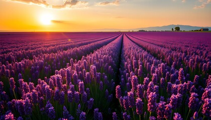 Fototapeta premium Sunset Over Lavender Fields: A Purple Horizon Landscape