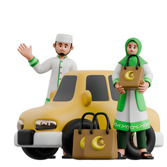 Obraz premium Muslim Couple Returning Home 3D Ramadan Illustration