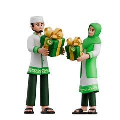 Muslim Couple Exchange Gifts 3D Ramadan Illustration