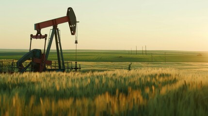 Oil Pump Jack Amidst Lush Green Farmland at Golden Hour