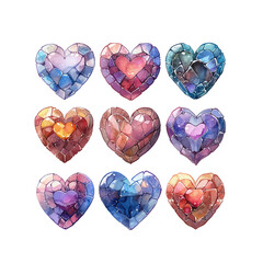 Set of graphic elements. Hearts made of crystals, vector illustration