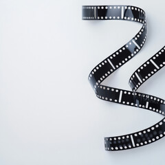 Fototapeta premium A piece of black and white film reel spiraling gracefully against a plain background, symbolizing the art of cinematography.