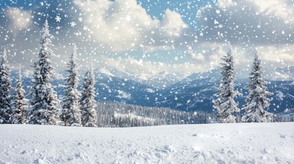 Fototapeta premium Snowy Winter Landscape with Evergreen Trees and Mountain View