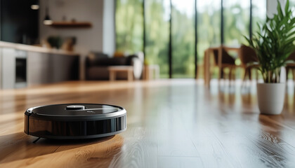 A robotic vacuum cleaner navigating around obstacles.  Generative AI.