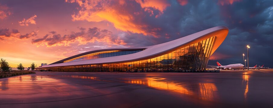 Modern airport terminal glows under dramatic sunset sky