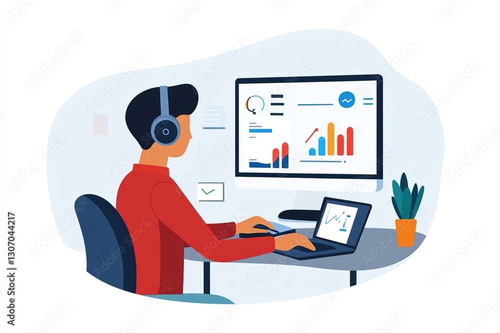 Poster a remote worker attending an online conference with a headset and a notebook, 32k resolution