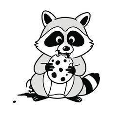 Funny Raccoon Stealing Cookie Black and White Vector - Cartoon Clipart
