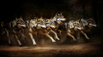 Fototapeta premium Majestic wolf pack running in dark forest, dust trail, wildlife photography, nature documentary