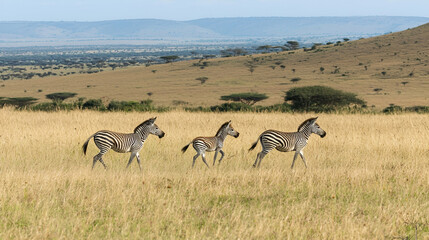 Fototapeta premium Plains Zebra Foals Walking African Savanna Landscape Wildlife Conservation