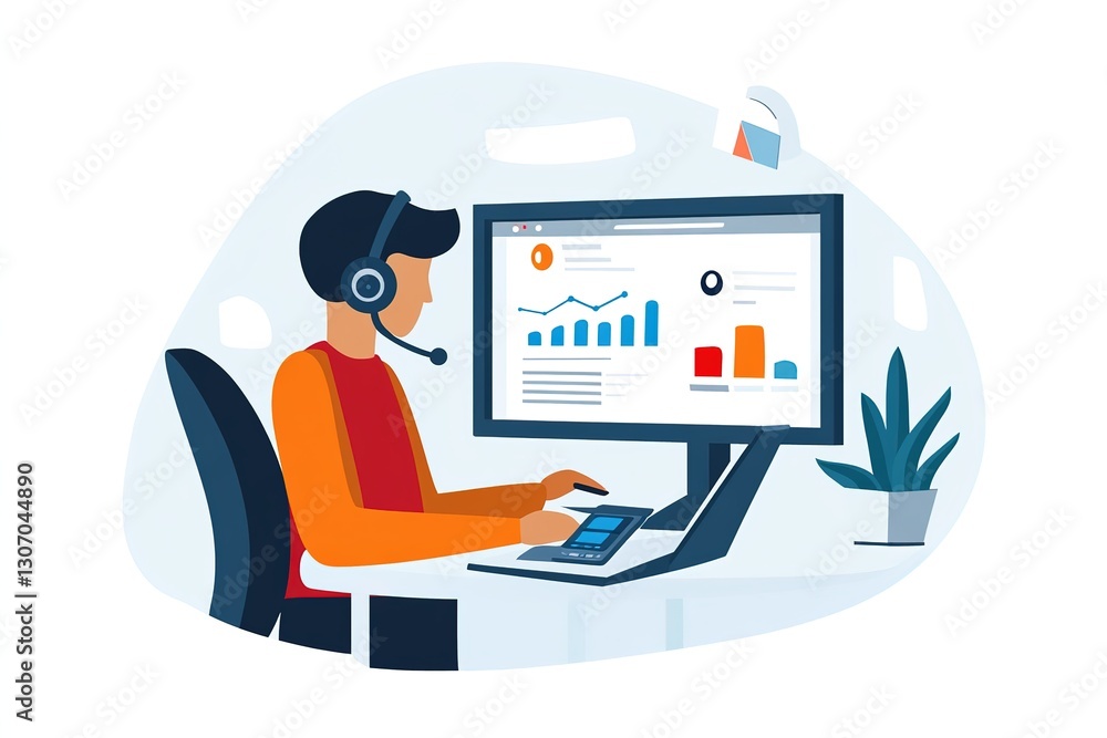 Poster a remote worker attending an online conference with a headset and a notebook, 32k resolution