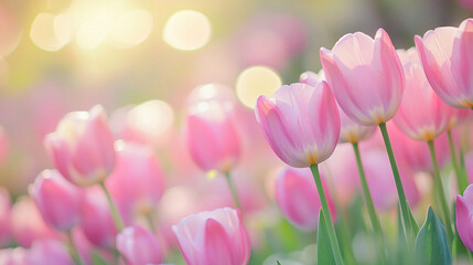 Fototapeta premium Serene Pastel Tulip Garden in Soft Focus - Springtime Beauty Blooms Outdoors
