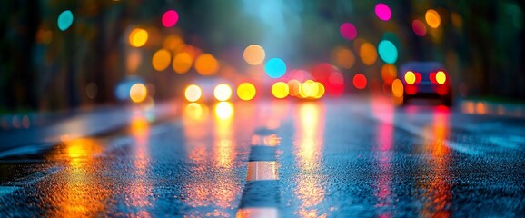 Blurry city street at night, rain reflecting lights.
