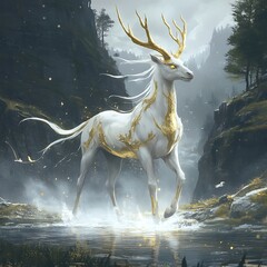 A celestial kirin-human hybrid, with golden antlers and dragon-like scales