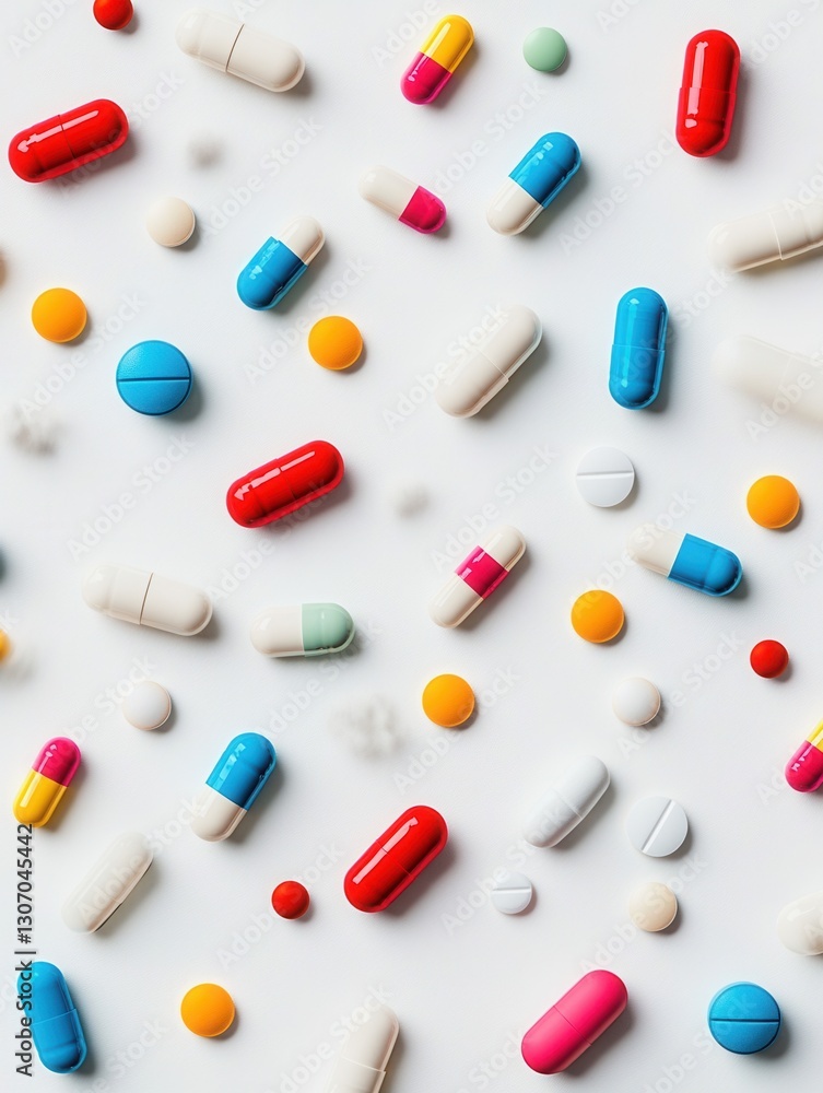 Aufkleber colorful capsules scattered on a minimalist white background featuring realistic lighting and detail