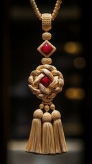 Gold Tassel Necklace with Red Gems